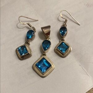 Modern Blue topaz and  Silver Geometric Pendant and Earrings.